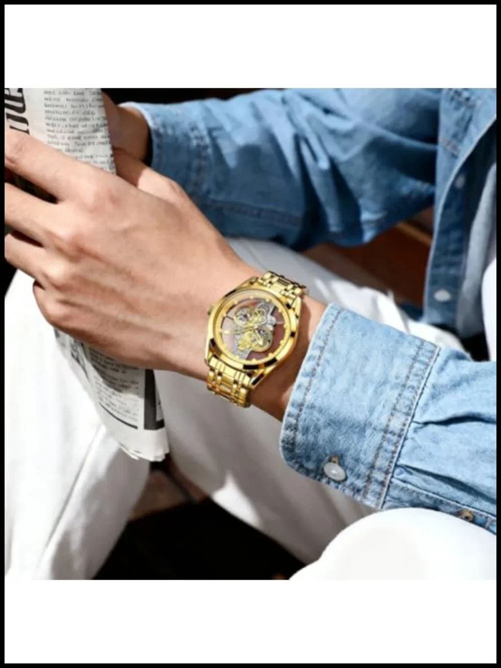 Men's Skeleton Quartz Analog Watch Stainless Steel Waterproof Luminous
